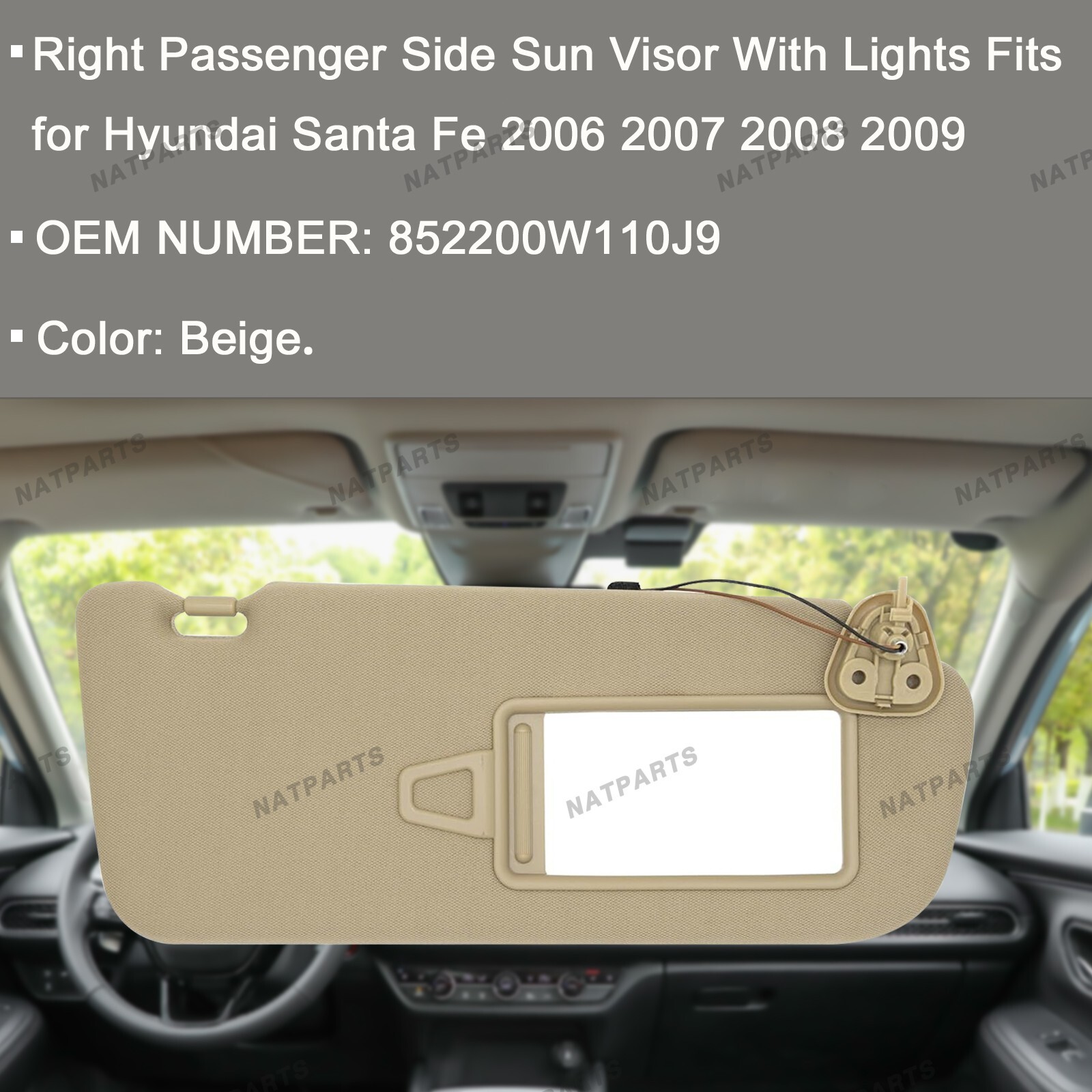 Right Passenger Sun Visor w/Light for Hyundai Santa Fe 2006-2009 852200W110J9