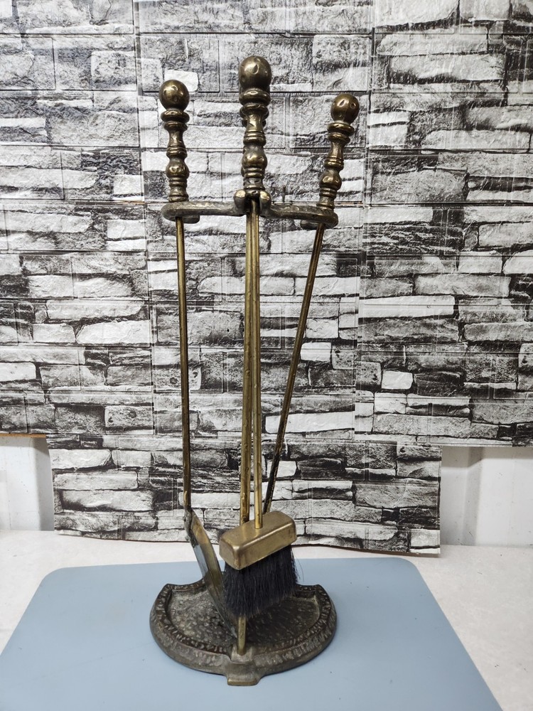 Vintage Solid Brass Fireplace Tool Set with Decorative Stand