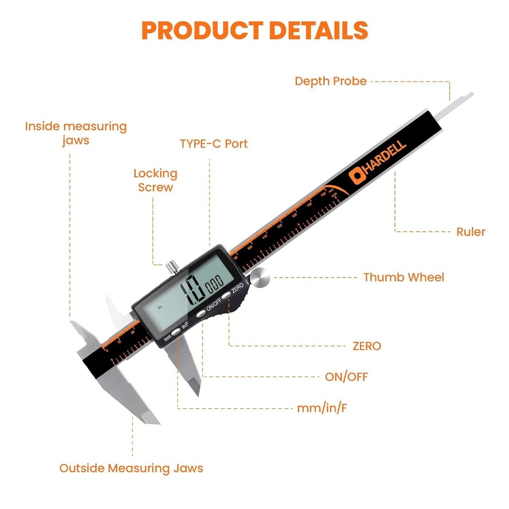 Versatile 6-Inch Digital Caliper - Rechargeable, Auto-Off, LCD for All Projects