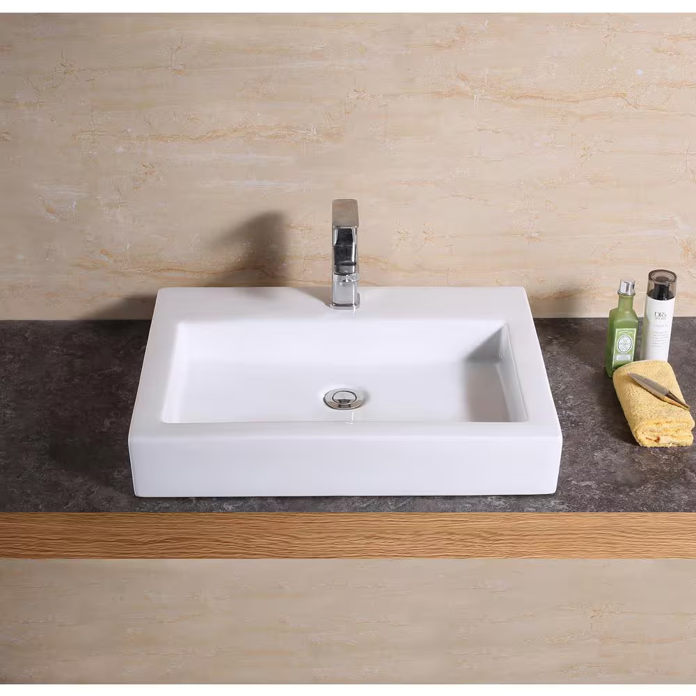 Modern 24 In. Rectangular Bathroom Ceramic Vessel Sink in White