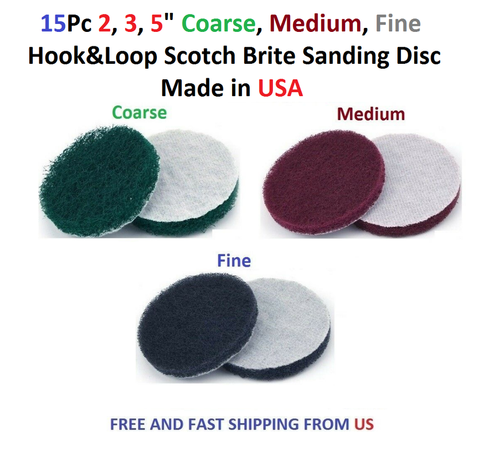 15 Pcs 2, 3, 4, 5" Coarse Medium Fine Hook & Loop Scotch Brite Sanding Discs