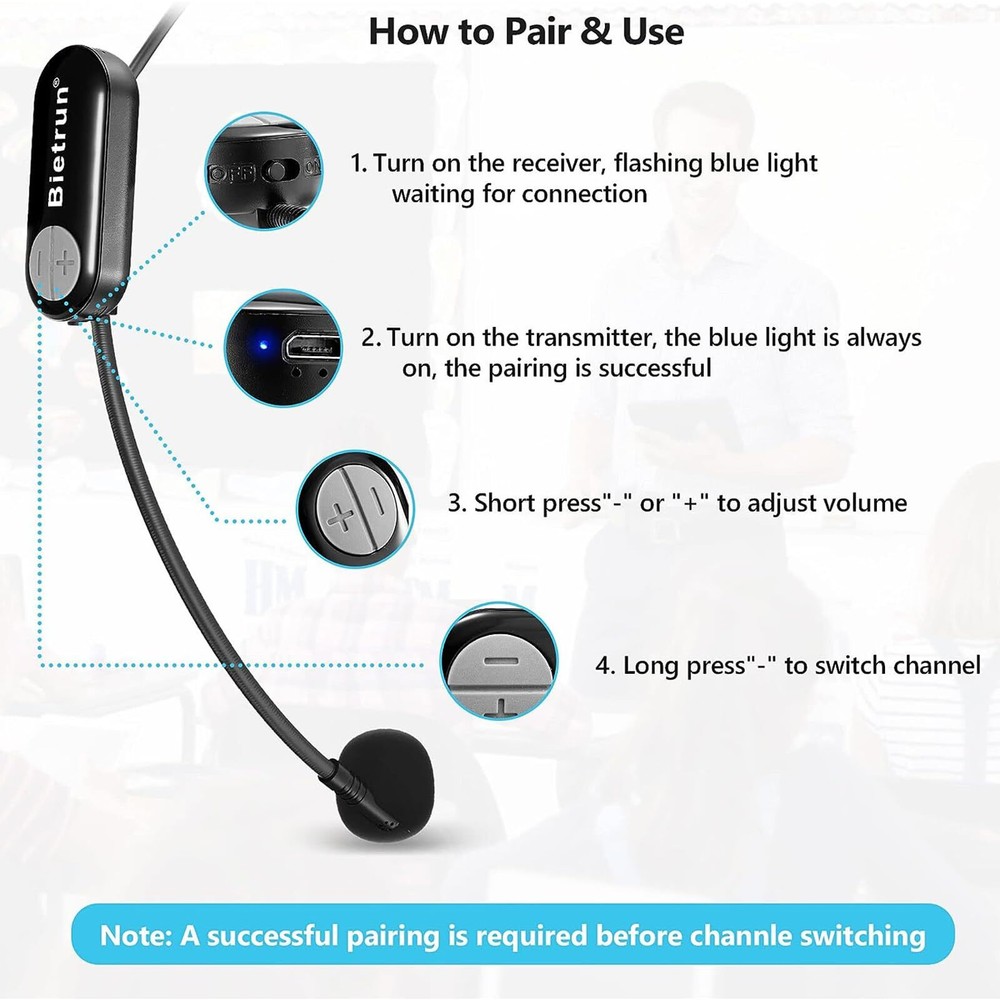 Wireless Microphone Headset With 1/4''plug 165ft Range Uhf Wireless Headset Mic