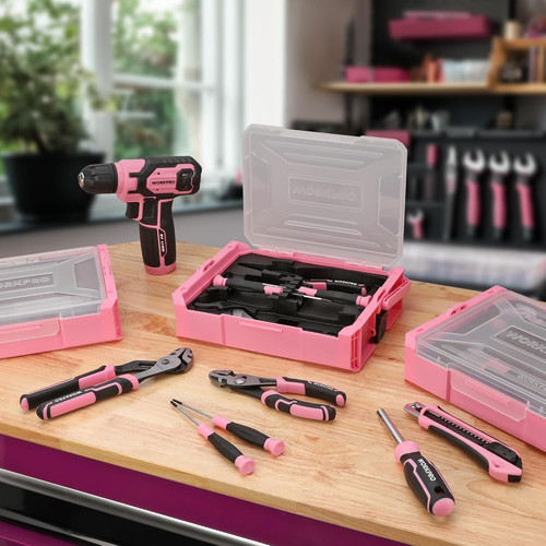 WORKPRO Pink Cordless Drill Driver with Toolbox, 43PCS Tool Set