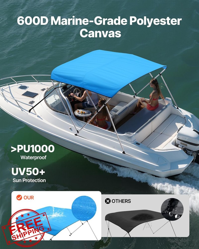 VEVOR 3 Bow Bimini Top 600D Polyester Pacific Blue Canopy