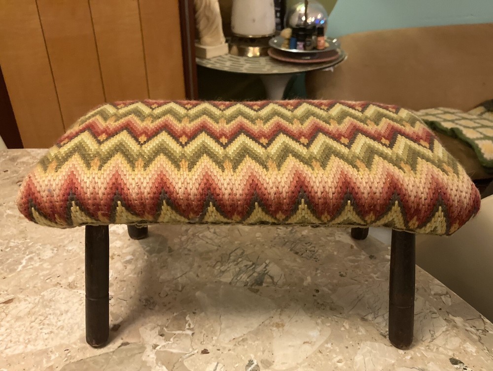 Antique Cricket Stool Zig Zag Needlepoint Top Foot Stoop