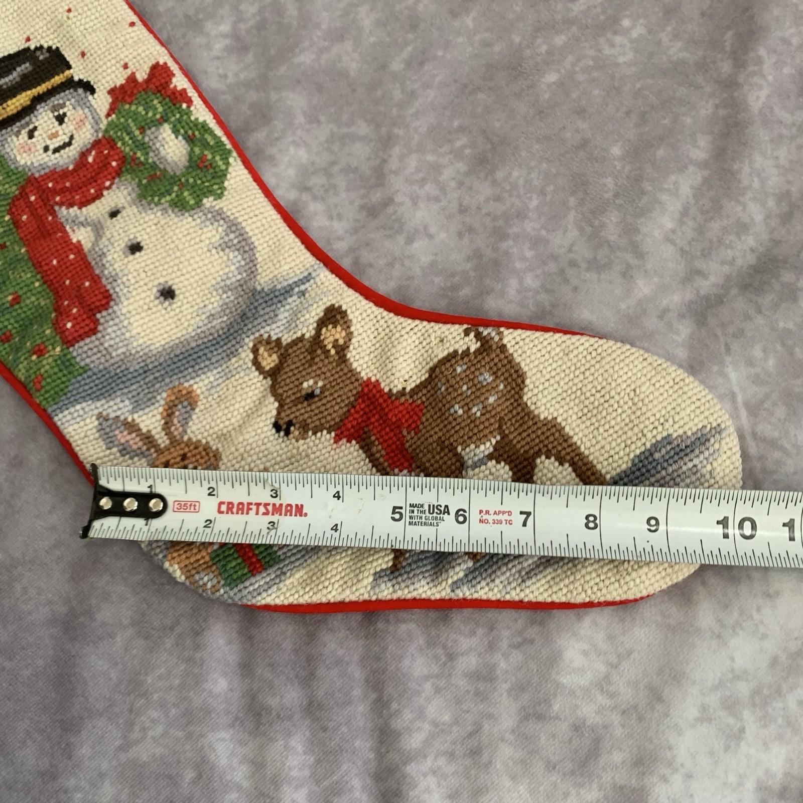 Vintage Needlepoint Wool Christmas Stocking Snowman Reindeer Holiday