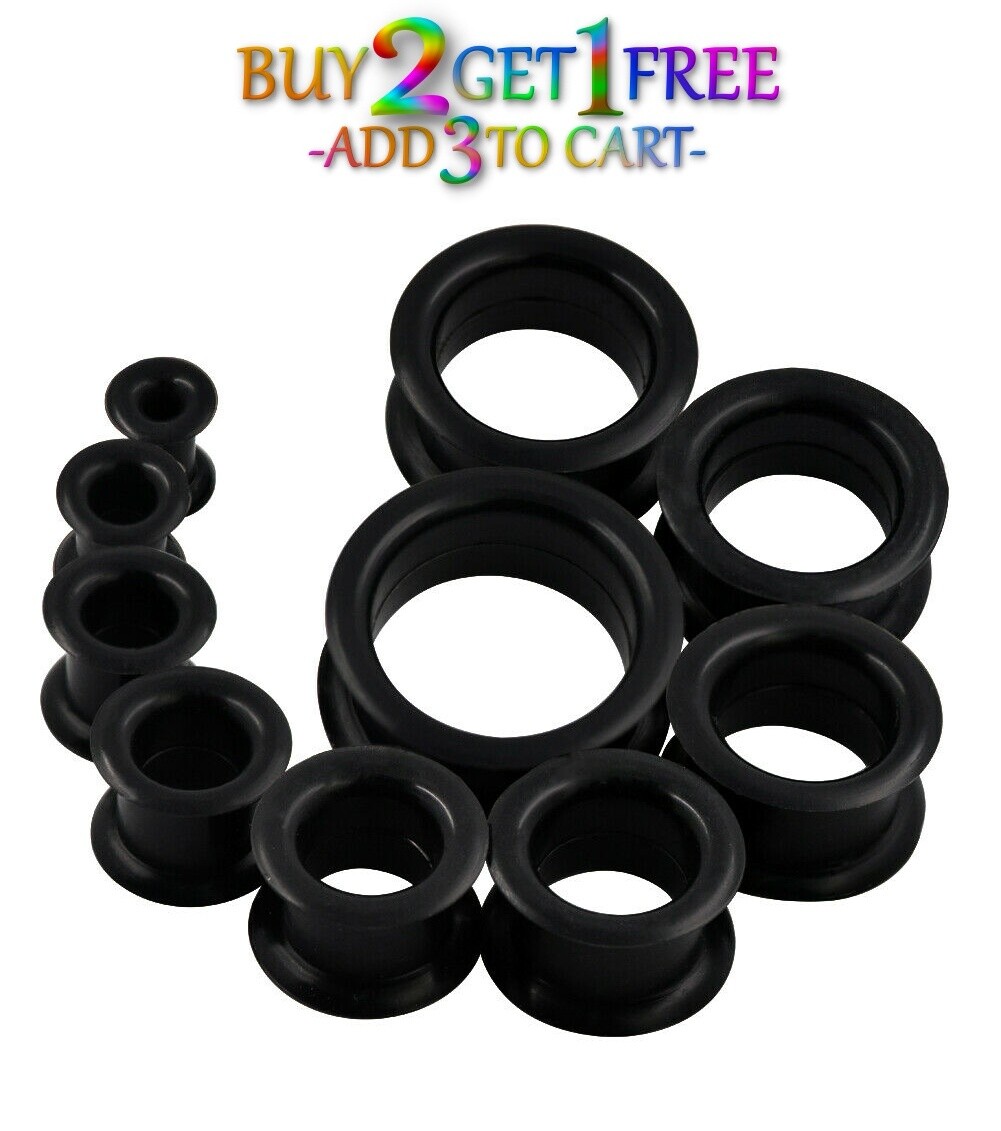 Pair 8g-50mm BLACK SILICONE EYELET TUNNELS Double Flare Gauges Thin Flesh 1032