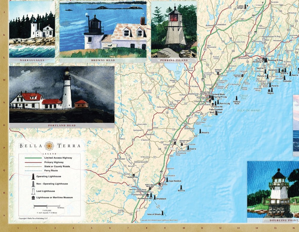 Maine Lighthouses Illustrated Map & Guide