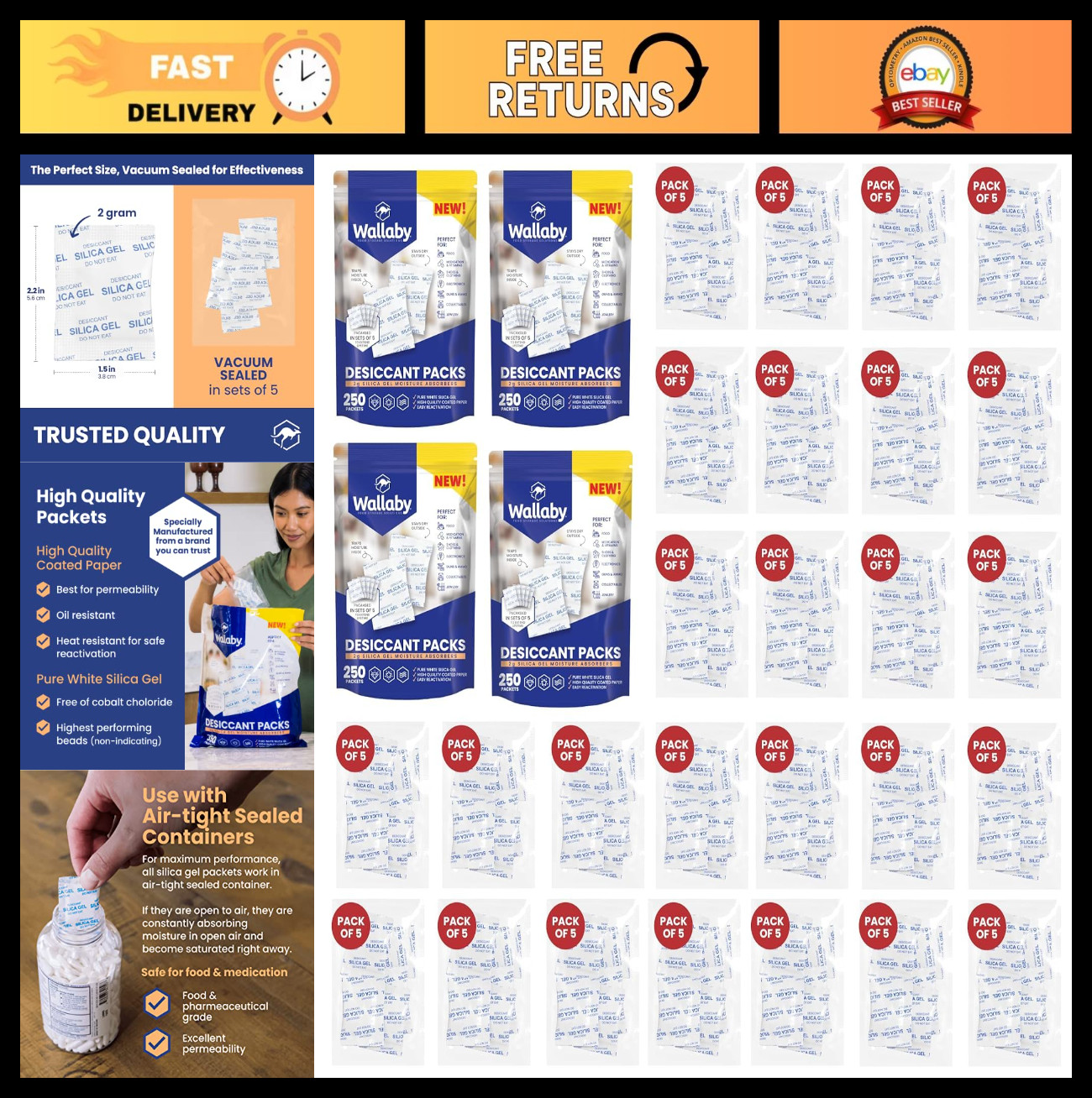 2g Silica Gel Desiccant Packs - 1000 Food Safe Moisture Absorbers, Rechargeable,