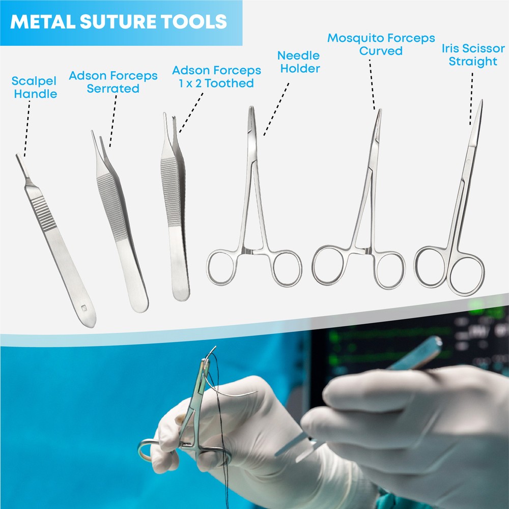 20 Pcs Suture Kit with Scissors Needles and Thread Silicon Pad Student Training
