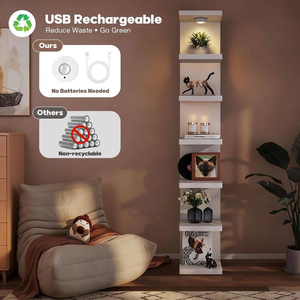 White 7-Tier Vertical Wall Shelf Unit with USB Rechargeable Led Light (Remote...