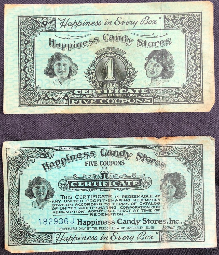 CIRCA 1920's HAPPINESS CANDY STORES INC. 2 CERTIFICATES
