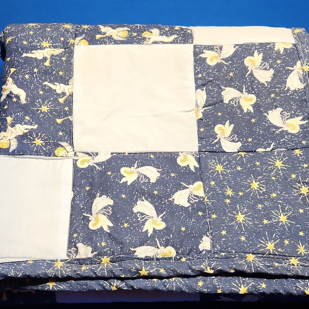 Handmade Patchwork Quilt Blue Star and Angel Pattern Decorative Bedding Blanket
