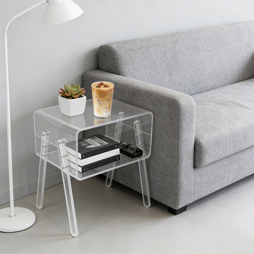 End Table Rectangular, Modern Clear Side Table Open Compartment Table for Couch