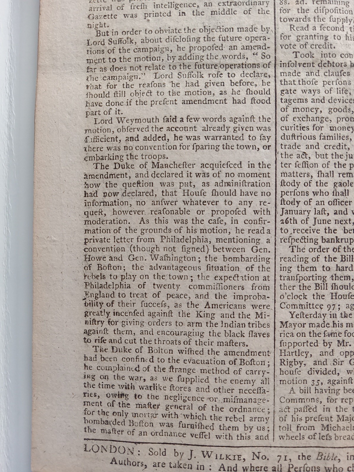 Original 1776 British Newspaper - American Revolutionary War - Colonies