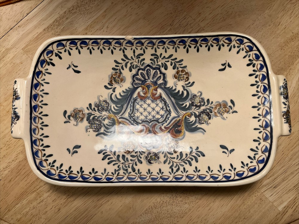 Portuguese Ceramic Rectangle Serving Dish Handmade Blue Brown Green Small Chips