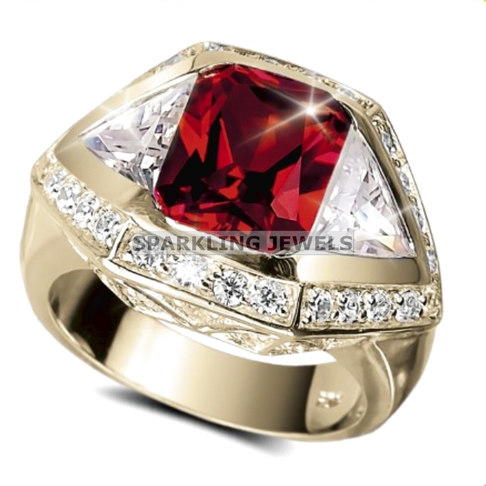 Flawless Garnet Emerald Cut With 14K Solid  Gold  Ring For Men #C206