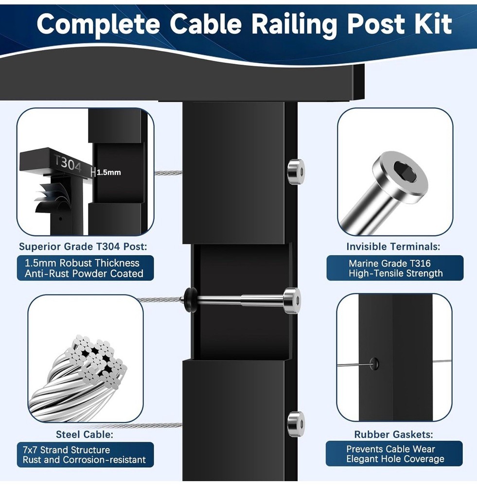 Cable Railing Deck Post 36" Fixed Flat Top Mount Level Drilled Cable Grommet 2PC