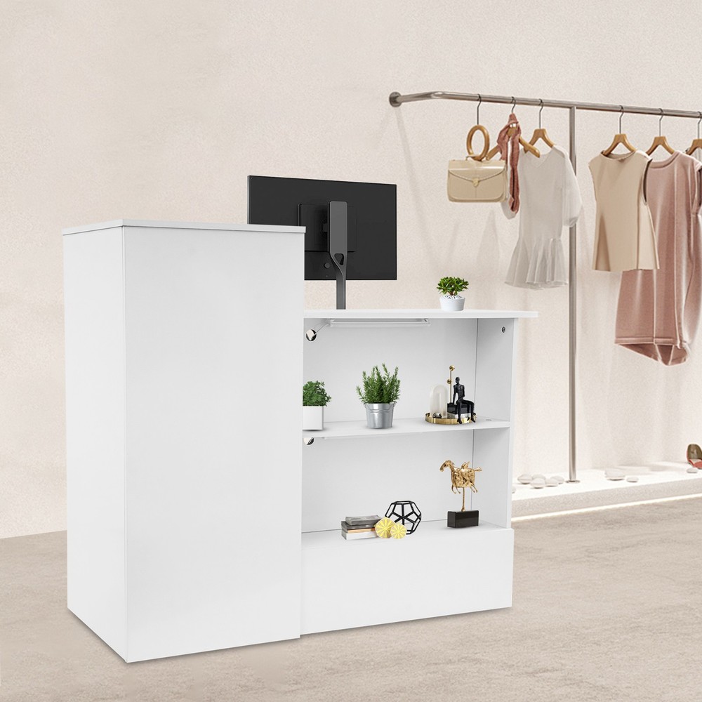 2 Lights Rectangular Reception Counter Modern Reception Desk w/ Lockable Drawer