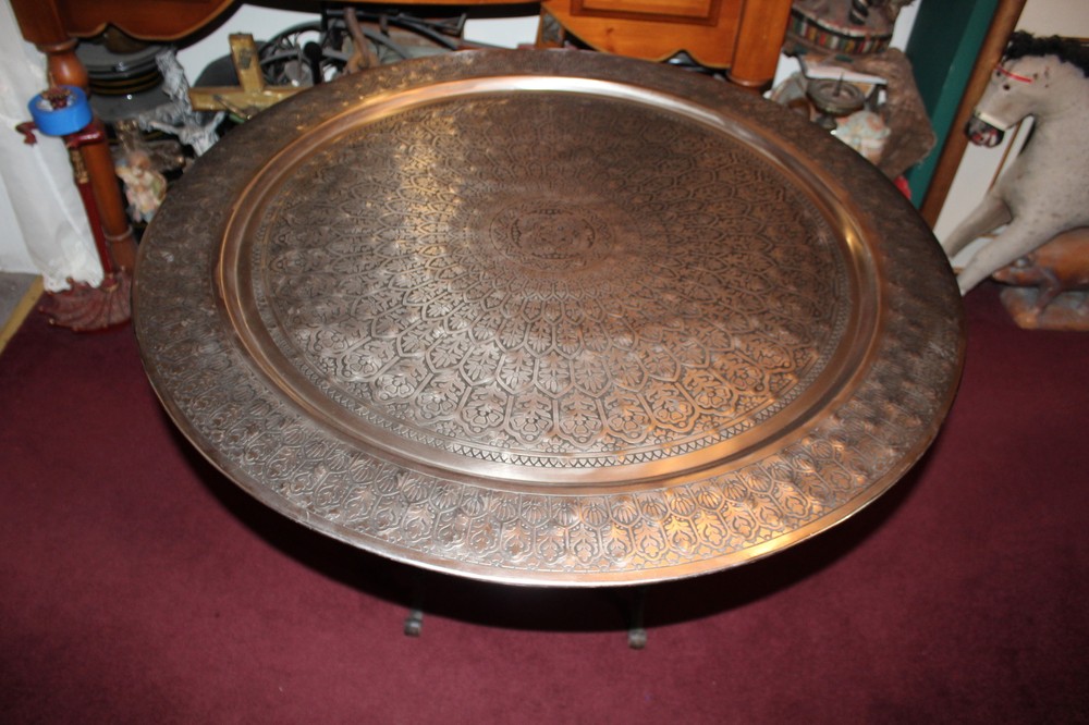 HUGE Arabic Middle Eastern Silver Metal Circular Table Top Wall Decor Engraved