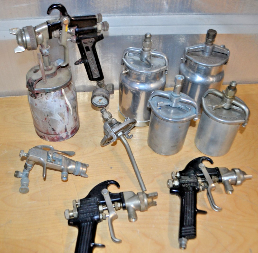 BINKS Mfg. Co. Models 7 , 18 , 15 Paint Spray Guns Lot, Nozzles, Cans ~ USA MADE