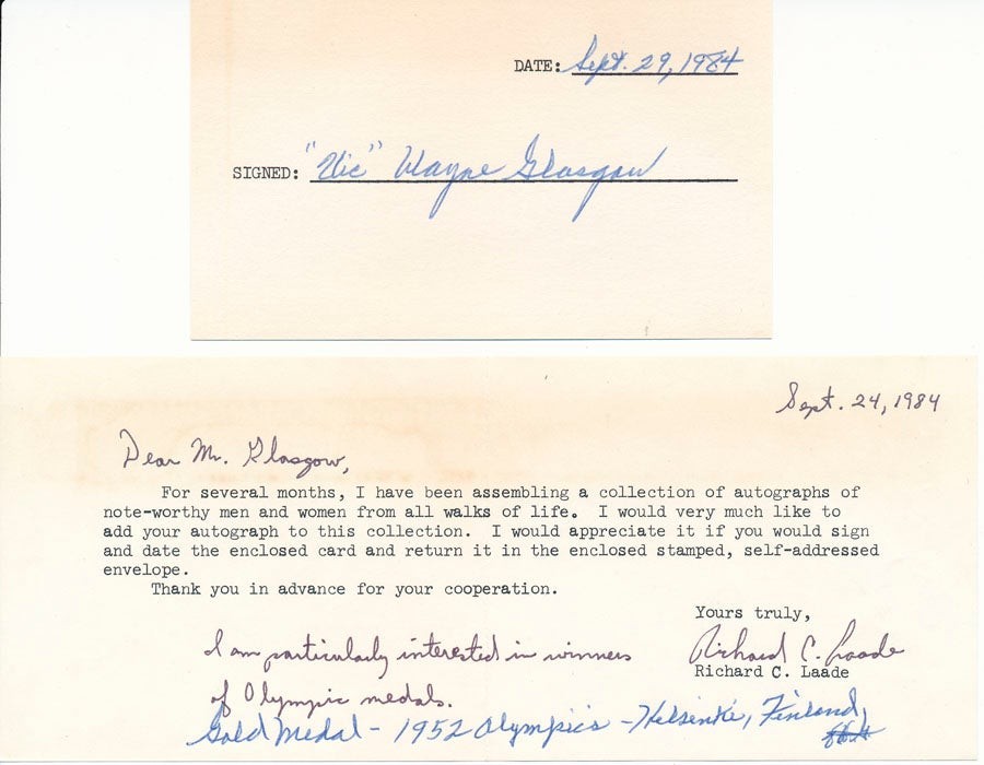 Wayne Vic GLASGOW / Signature / Autograph Note Signed