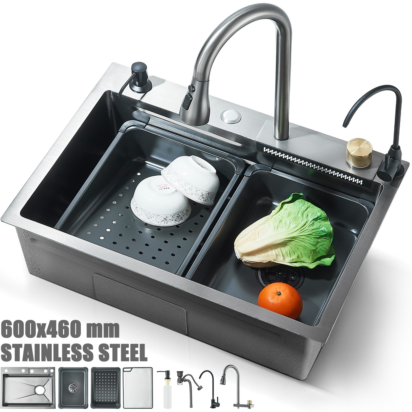 24" Flying Rain Stainless Steel Waterfall Kitchen Sink with Faucet Single Bowl