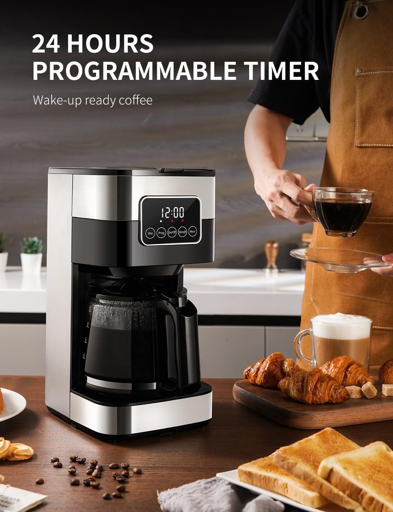 SHARDOR 10-Cup Programmable Coffee Maker, Regular & Strong Brew Drip silver