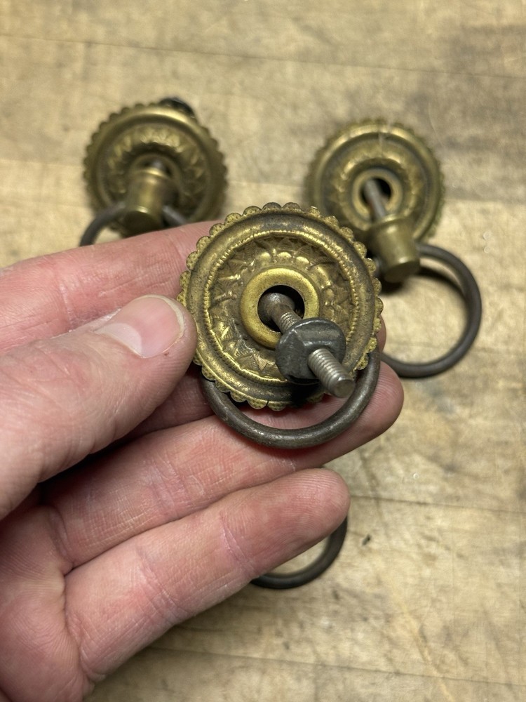 4 Victorian Drawer Pulls Hardware, Square Nut- Brass- Floral Design