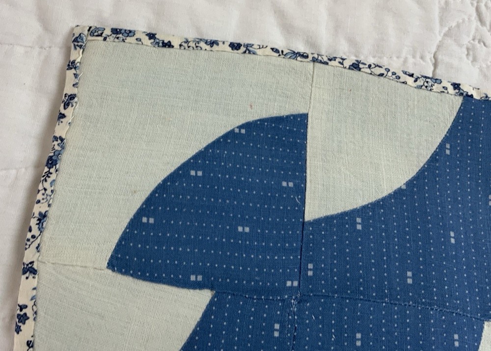 Antique Vintage Patchwork Quilt Table Topper, Drunkards Path, Blue & White