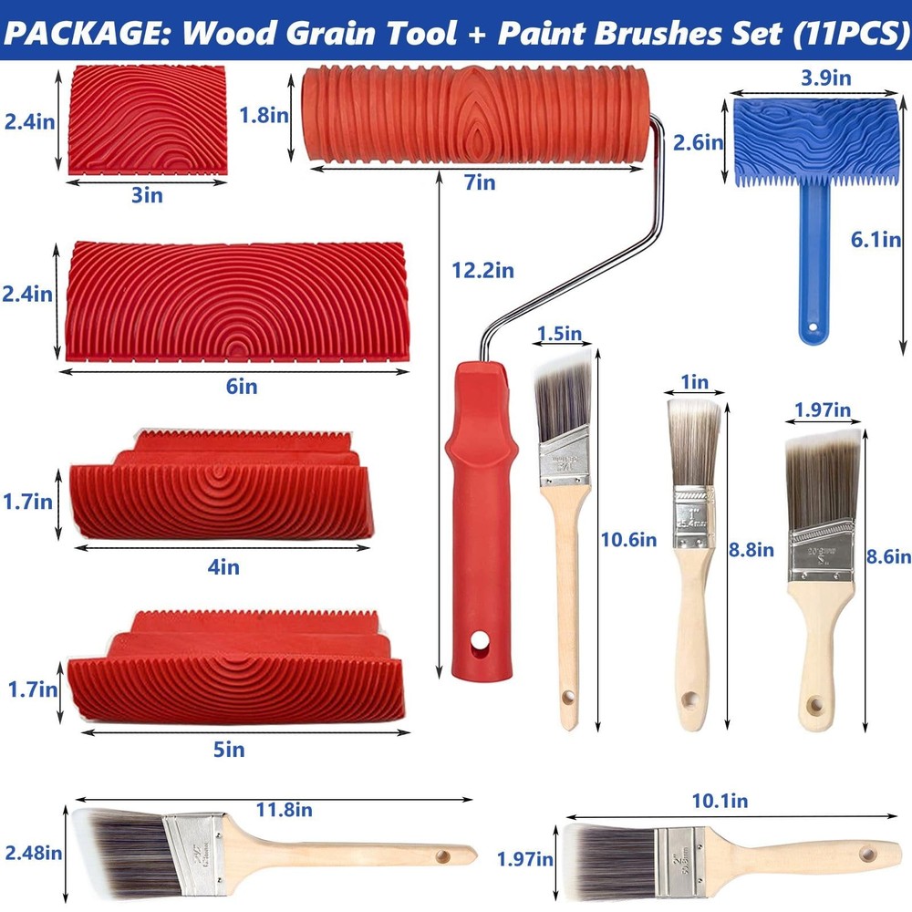 Wood Grain Tool, 11pcs Graining Tool Set 7" Roller Red