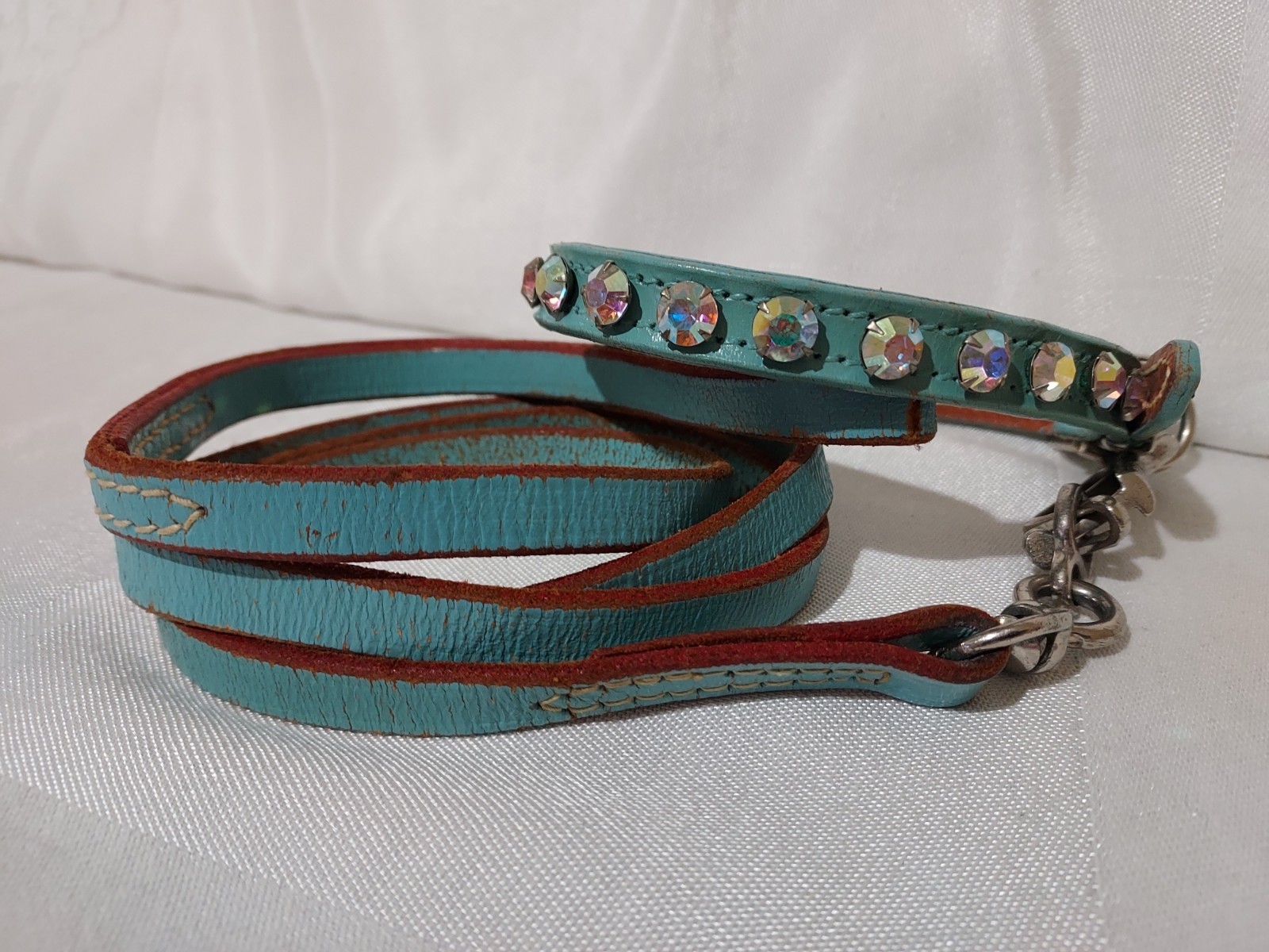 Rare Vtg Rhinestone Jeweled Turquoise Leather Pet Collar & Leash Set 11.5"-13.5"