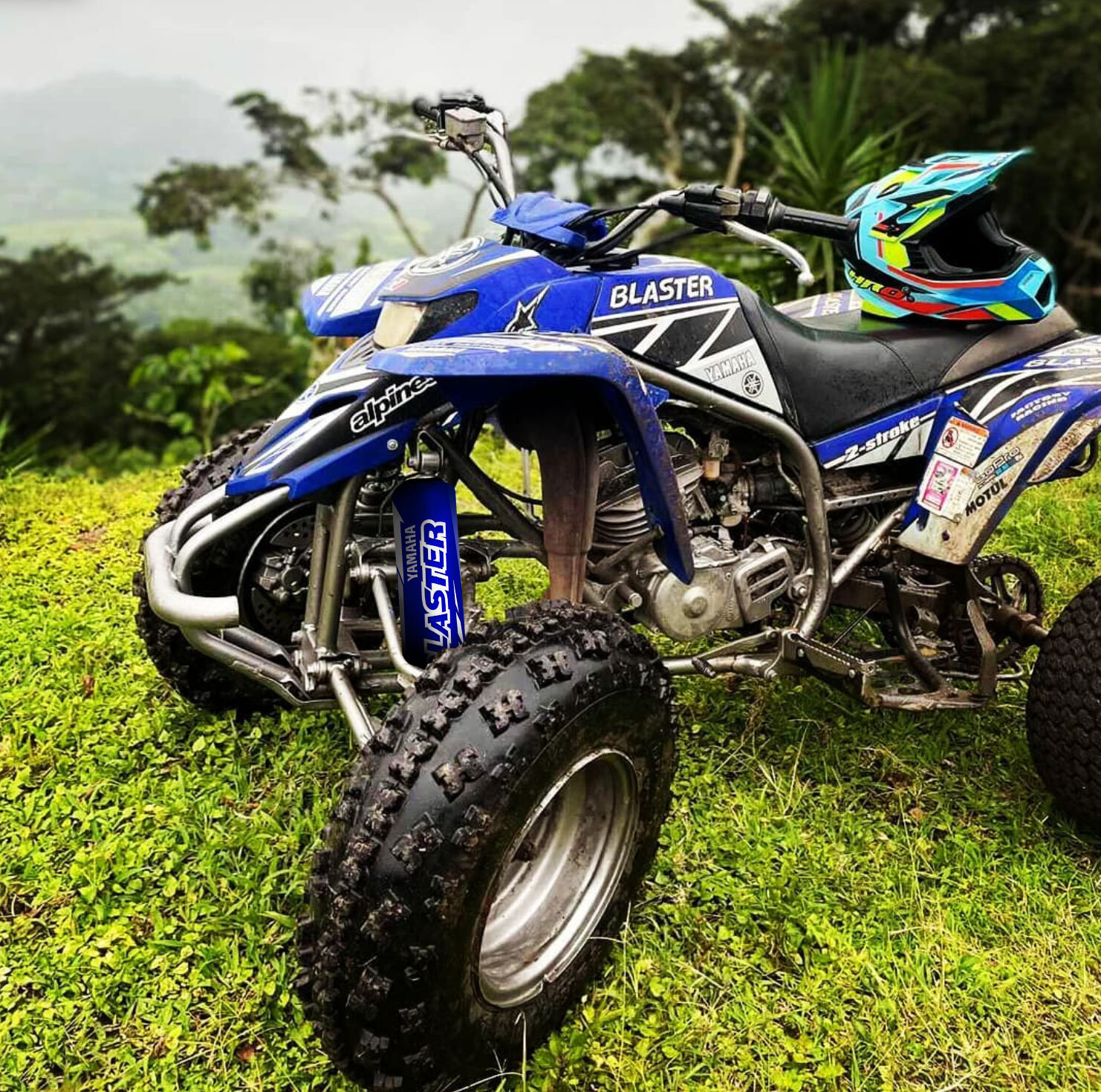 Front+Rear Blue Shock Covers + Brake Pads for Yamaha Blaster YFS 200 (2003-2006)