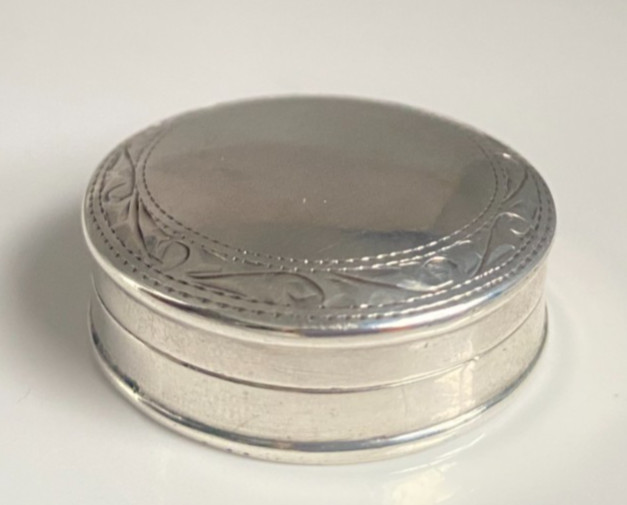 Vintage Carrs Solid Silver Hinged Pill Box Chased Foliate Border Hallmarked