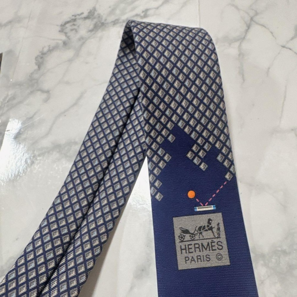HERMES Square Pattern Tie Navy Gray with Box