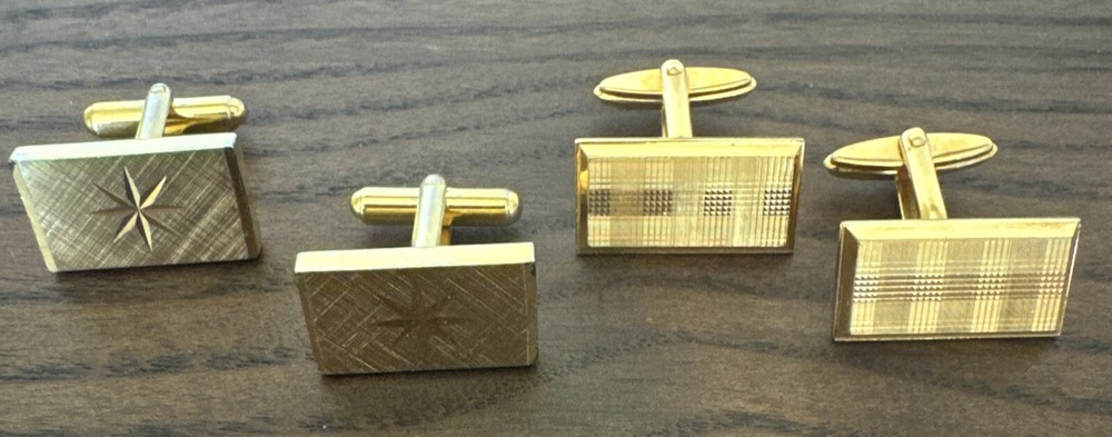 2 X Pair Retro Gold Tone Cut Etched Themed Rectangle Cufflinks