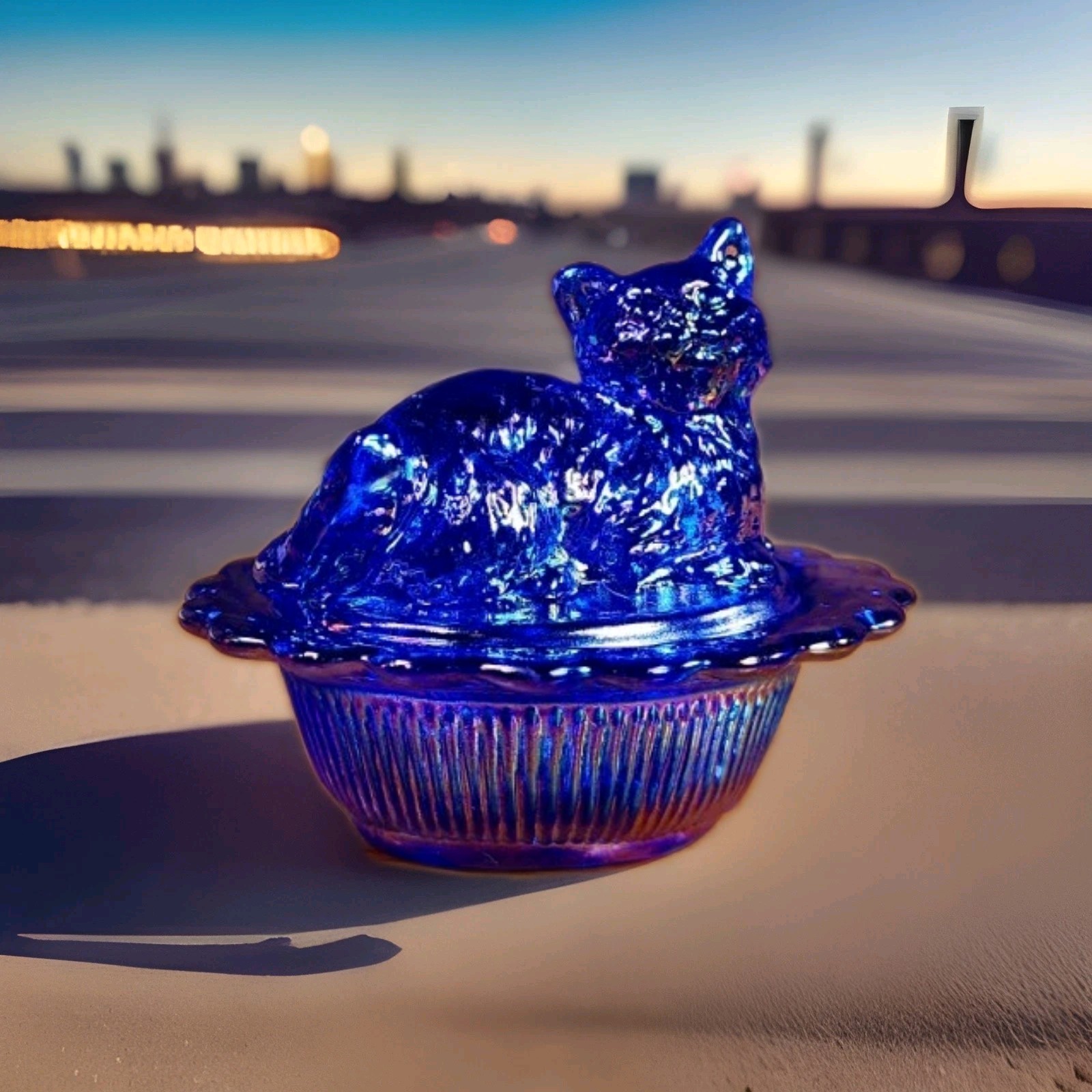 Mini Cat On Basket Cobalt Blue Carnival 2.75" x 2.25" Mosser Glass