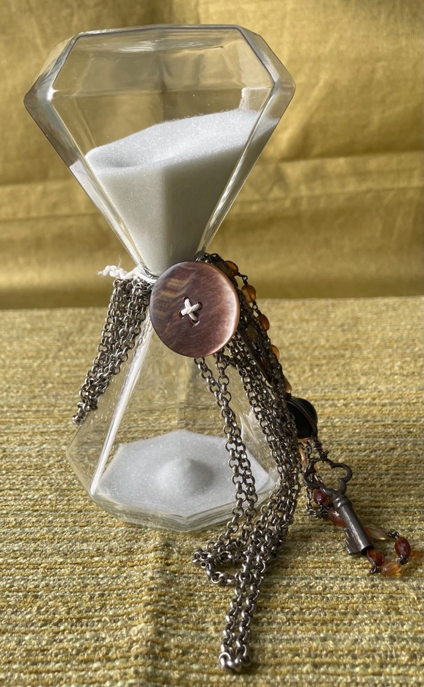 Assemblaged Art Using Modern Hourglass with Vintage Chains Key Button