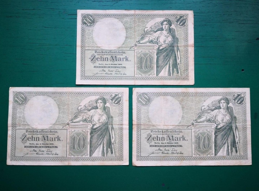 Germany 1906 Ten Mark 3 x Banknotes #221