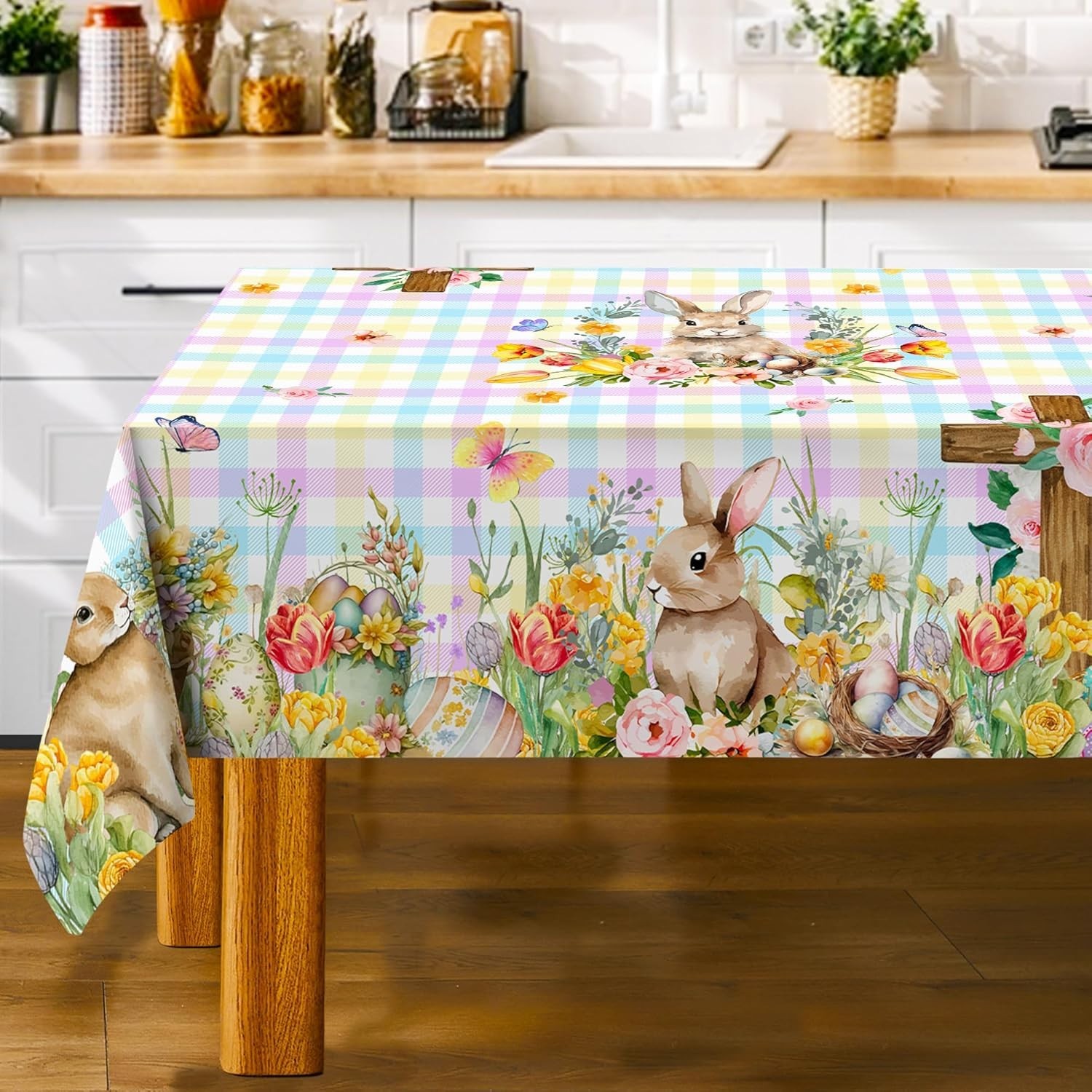 Easter Tablecloth, Easter Table Cloth Rectangle 60 X 84 with Bunny and Eggs, Buf