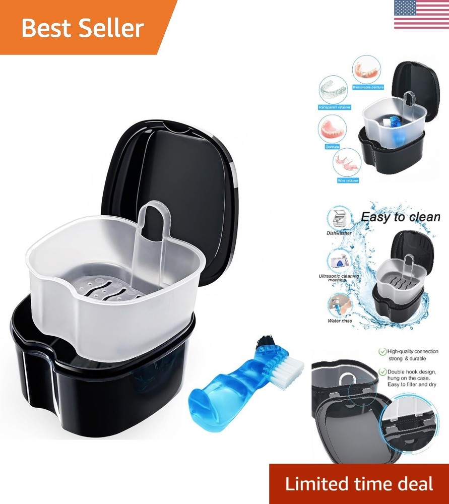 Black Denture Soaking Container Partial Denture Case, Orthodontic Retainer Cl...