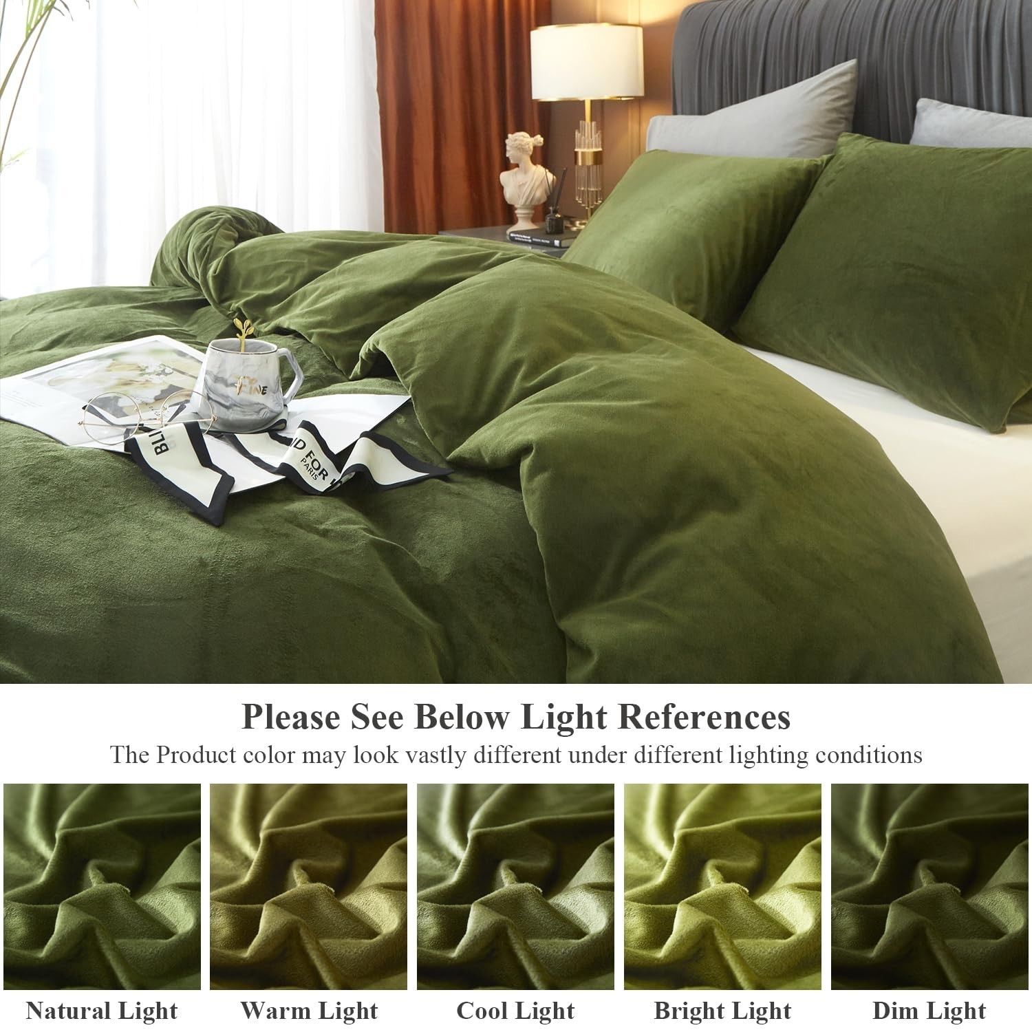 Ivellow Velvet Flannel Duvet Cover King Size Olive Green Comforter Cover Ultr...