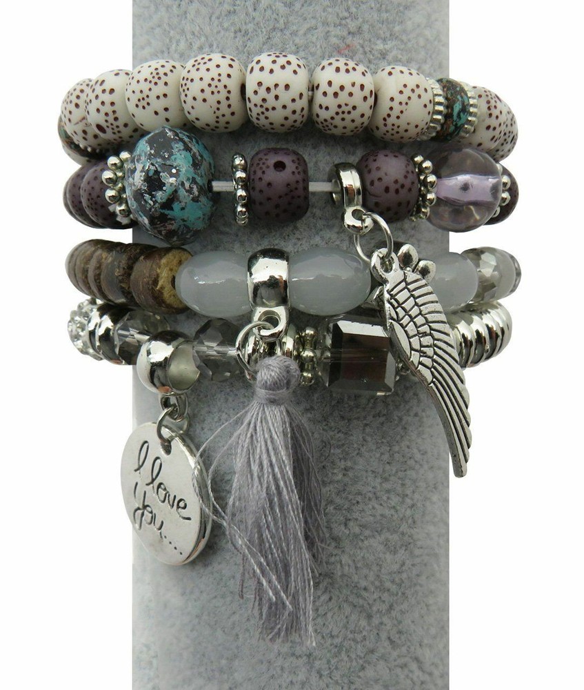 Tassel Love Bracelet Set, 4pc, Grey