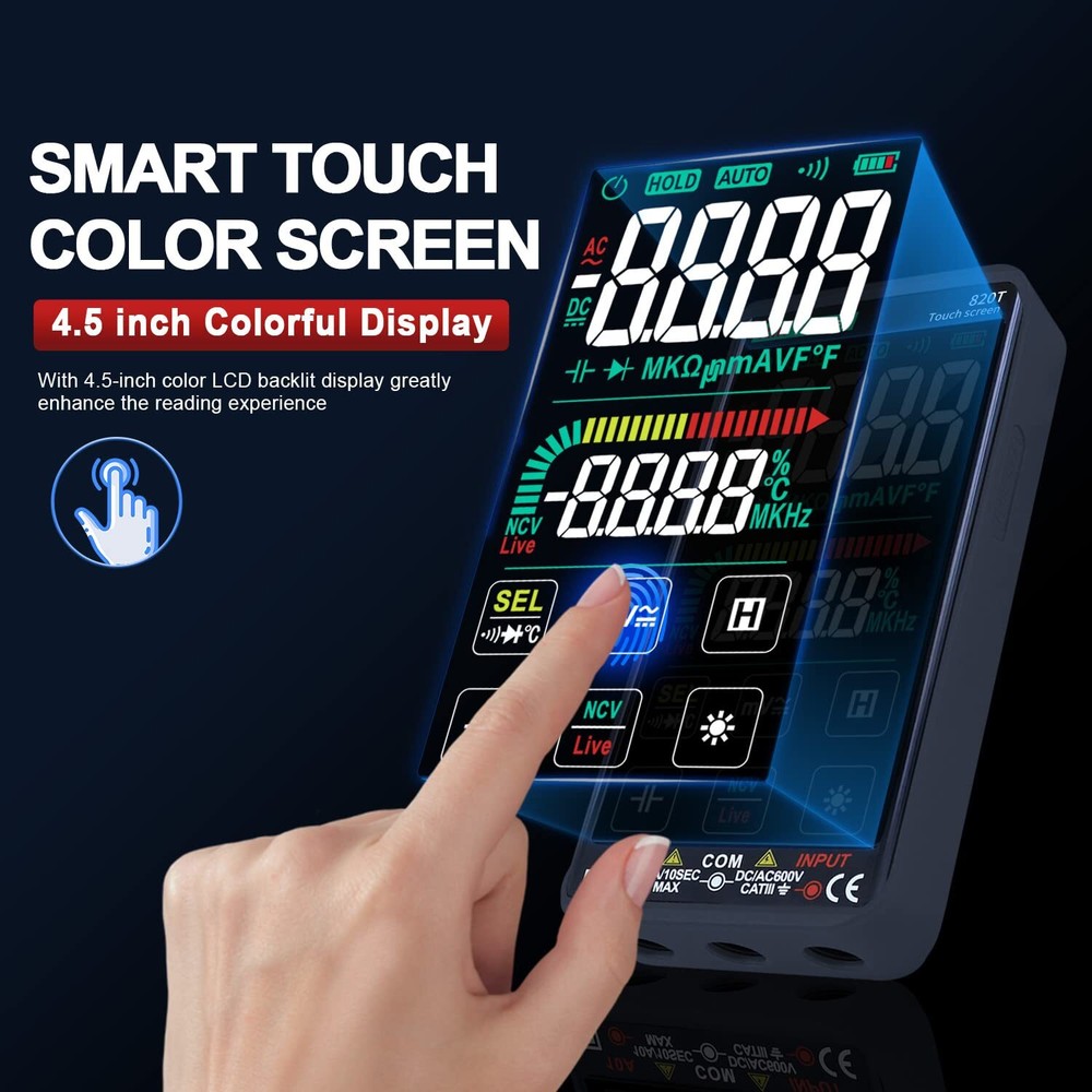 Digital Multimeter Smart Touch Screen Auto-Ranging 9999 Counts TRMS Rechargeable