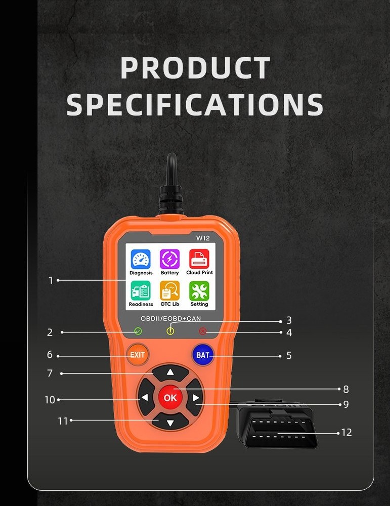 FISONA W12 OBD2 Scanner OBD Code Reader Diagnostic Tool Check Engine Fault USA