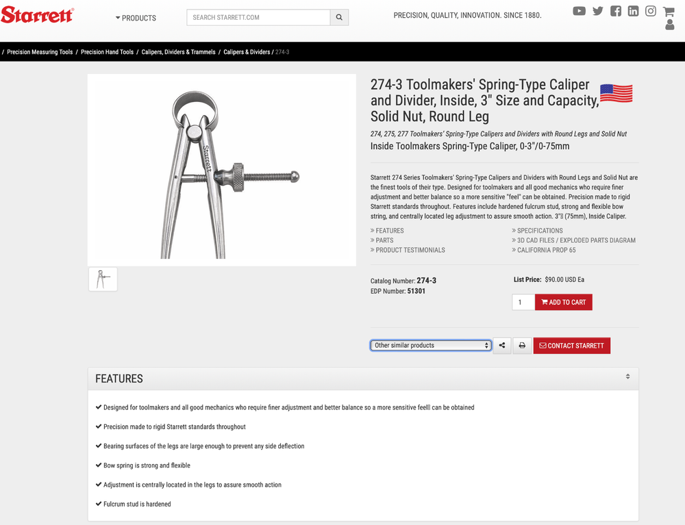 NOS smallest size 2" Starrett Toolmakers Inside Calipers 274 - Discontinued