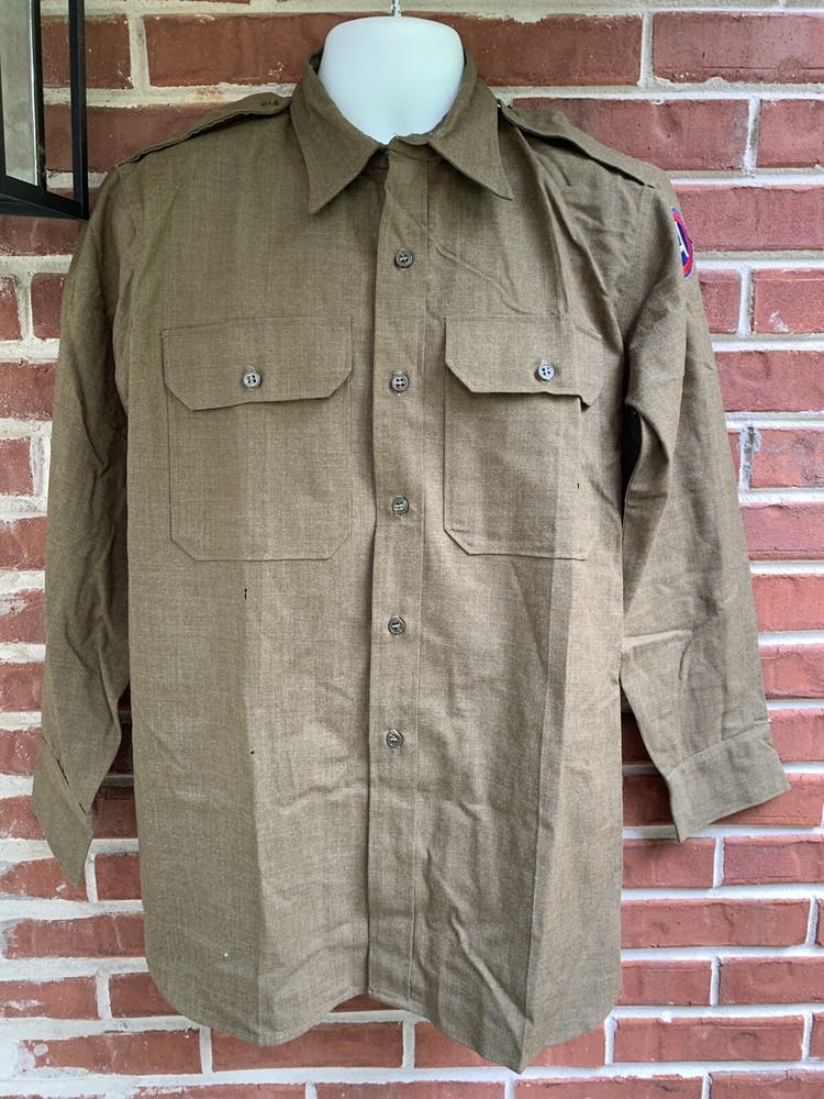 ORIGINAL WWII US ARMY OFFICER Wool Chocolate DRESS SHIRT- Patch - Medium?
