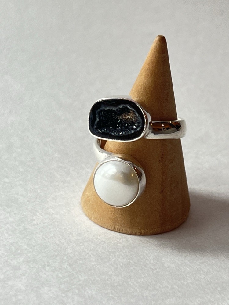 Pearl & Geode Adjustable Ring 925 Sterling Silver Size 7