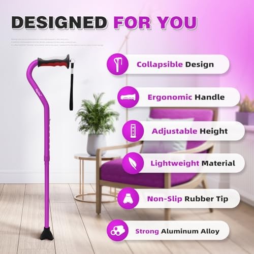 Lightweight Walking Cane, Soft Offset Handle for Seniors, Adjustable Purple