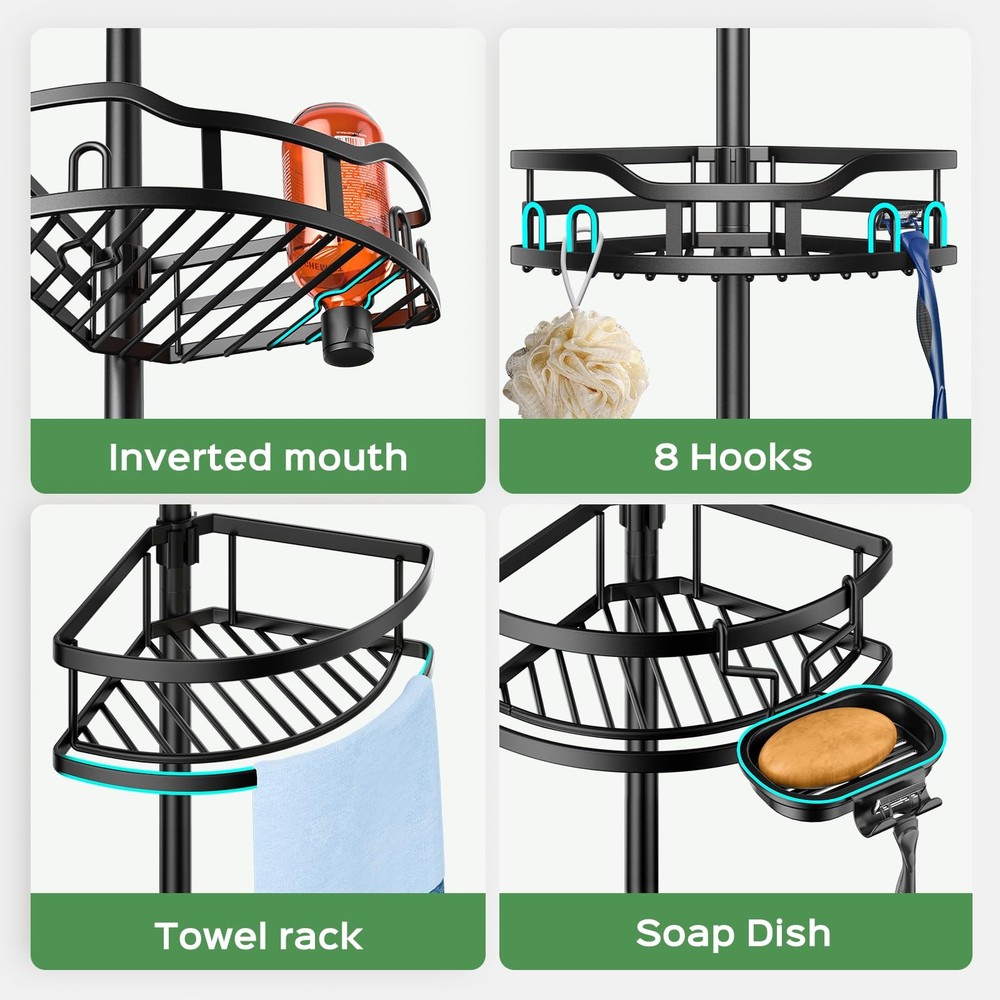 Shower Caddy Tension Pole Rustproof Quick Install Corner Bathroom Organizer S...